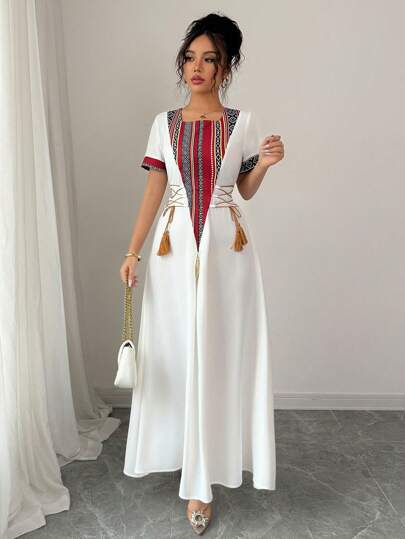 Rafferiza Women's Vintage Retro Pattern Patchwork Crew Neck Side Tie Waist Elegant Modest Style A-Line Midi Dress, Bohemian