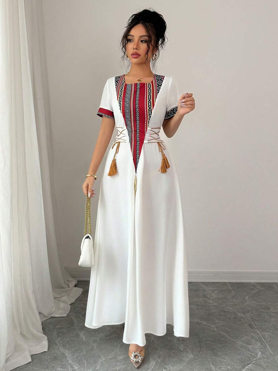Rafferiza Gaun Midi A-Line Wanita Gaya Elegan dan Sederhana, Model Bohemian dengan Motif Patchwork Vintage Retro, Kerah Bulat, Ikat Pinggang Samping
