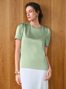 Uhlyne 女士优雅圆领短袖府绸衬衫，通勤风格 - 薄荷綠 - 查看 7