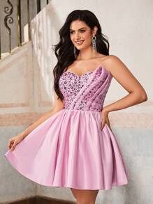 Lovelzi Elegant, romantisch, lief, waardig, lente en zomer, roze paillettenstof, satijnen stiksels, geplooide borstvormige buisjurk, A-lijn korte jurk, geschikt voor verjaardagsfeestjes, muziekfestivals, vakanties, bruiloftsgasten, afstudeerjurken, thuiskomstfeesten, galajurken, feestjurken