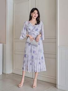 DAZY Váy midi xếp ly cổ chữ V dành cho nữ có họa tiết hoa toàn thân - Màu tím hoa cà - Xem 5