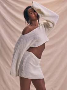 MUSERA Áo len dệt kim tay dài rộng, cổ lệch, chất liệu vải dệt họa tiết, dáng rộng, thích hợp mặc đi biển mùa hè, kiểu dáng mềm mại, phong cách Ibiza, mùa đông, thu, đông, sang trọng, xuân. - Kem - Xem 2