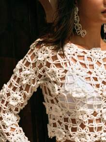 Anewsta Vacation Style 3D Floral Sexy Hollow Out Cropped Knit Top, Spring/Summer - White - View 6