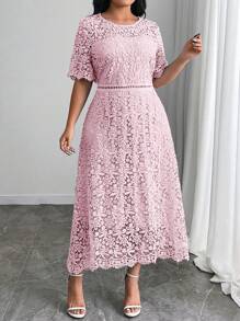 SHEIN Clasi Đầm ren hoa cổ tròn tay ngắn thanh lịch cho nữ cỡ lớn - Màu Hồng baby - Xem 5