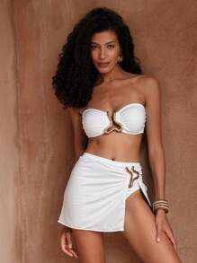 Swim Oasis 3pcs Women Solid Color Gold Accent Vacation Set: Bandeau Bikini Top, High Waist Bikini Bottoms, And Cut-Out Short Beach Dress, Boho Style Festival Swimwear For Summer - White - View 1