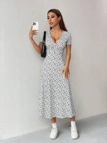 SHEIN PETITE Women Casual Ditsy Floral Waist Cinched Dress Maxi Women Outfit - Multicolor - View 6