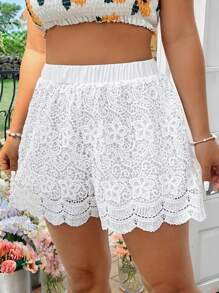 SHEIN Clasi Plus Size Lace Trim Hollow Out Vacation Shorts - White - View 5