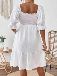 SHEIN Maternity Striped V-Neck Puff Sleeve Casual Dress - White - View 2