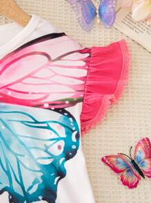 SHEIN 1pc Young Girls Colorful Butterfly Print Puff Shoulder Ruffle Sleeve Crew Neck Soft Knitted Pullover, Fashion & Versatile - Multicolor - View 3