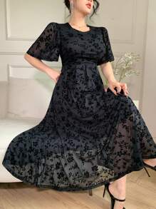 DAZY 女式 A 字形荷叶边袖中长连衣裙，适合夏季的简约风格 - 黑色 - 查看 7