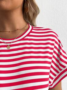SHEIN Loose Fit White Short Sleeve Striped Maternity T-Shirt - Red and White - View 4