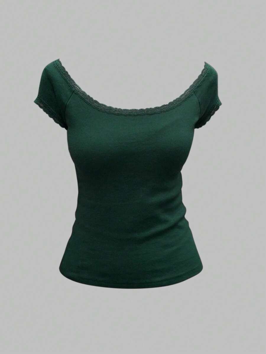 INAWLY 女士纯色撞色蕾丝圆领插肩袖休闲 T 恤 - 墨綠色 - 查看 1