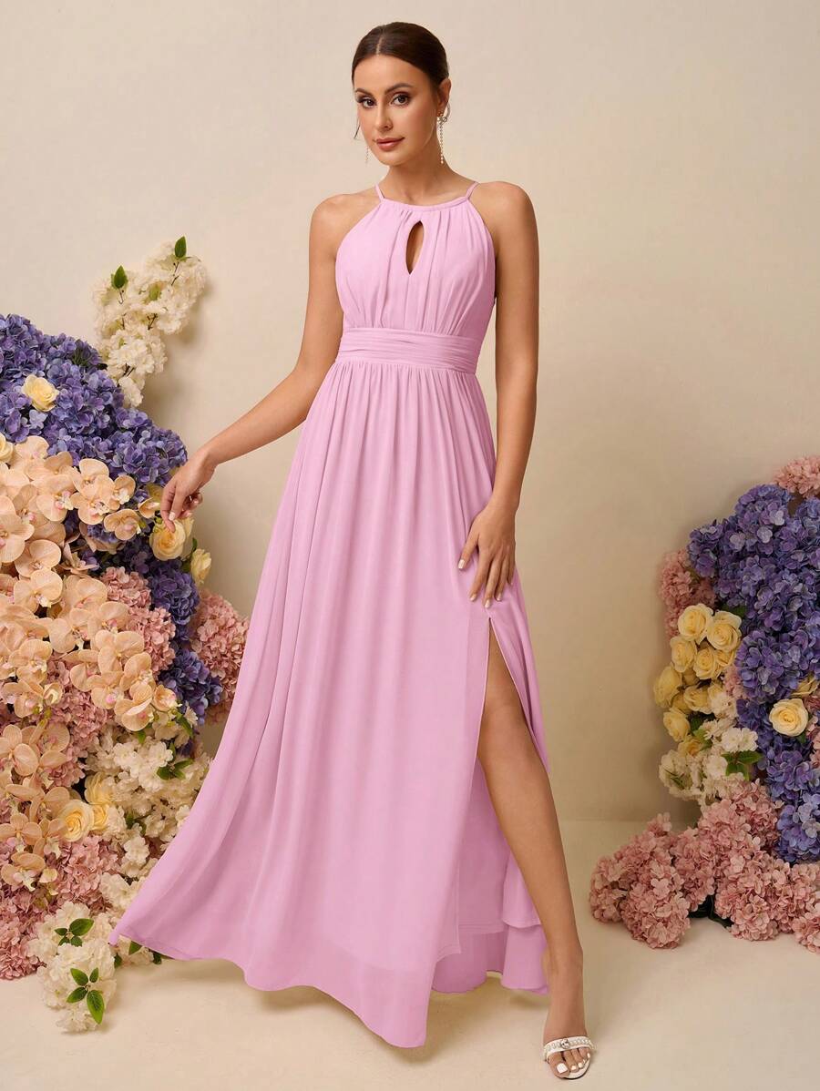 SHEIN Belle 纯色褶皱侧开叉挂脖伴娘礼服(成人) - 粉色 - 查看 1