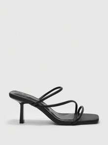 CUCCOO BIZCHIC Sandalias de tacón de aguja de 7cm con puntera cuadrada y multi-correas en color negro, adecuadas para uso en la playa en verano
