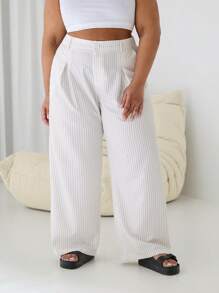 SHEIN EZwear Plus Size Lightweight White Striped Casual Suit Pants, Summer - White - View 1