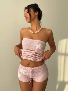 Aloruh Crochet Summer Vacation Romantic Beach Pale Pink Starfish Halter Women Top + Crochet Starfish Tie Up Women Shorts Set,Summer Sets - Baby Pink - View 6