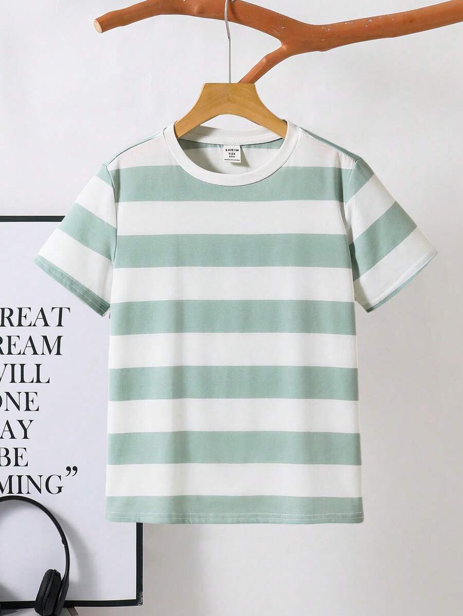 SHEIN Kaos Lengan Pendek Bergaris Leher Bulat Longgar Kasual untuk Anak Laki-Laki Remaja, Cocok untuk Bepergian, Sekolah, Aktivitas Sehari-hari, Olahraga, Musim Semi & Musim Panas - Hijau - View 1