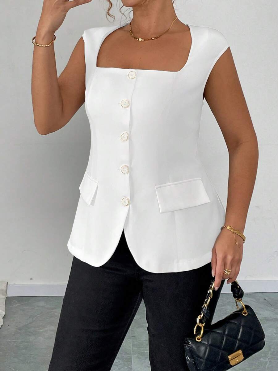Elenzga Áo blazer/vest nữ cỡ lớn thanh lịch, cổ vuông, không tay, mỏng nhẹ, thích hợp cho lễ tốt nghiệp, tựu trường, hoặc dành cho giáo viên. - trắng - Xem 1