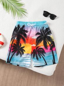 Summer Beach Shorts Fashion New Design. Sunset And Palm Tree Pattern, Vacation Style, Elastic Waistband With Drawstring. Loose Fit. Men Swim Trunks - Multicolor - View 3