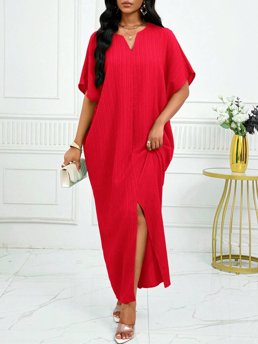 SHEIN Lady 女士纯色 V 领蝙蝠袖休闲连衣裙 - 紅色 - 查看 1