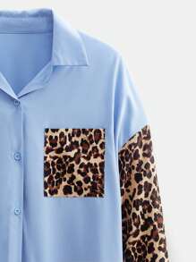 SHEIN EZwear Plus Size Blue Leopard Print Panel Shirt, Spring/Summer - Multicolor - View 5