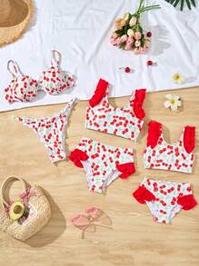 Tween Girl Cherry Print Ruched Flyaway Halter Bikini Set - Multicolor - View 1