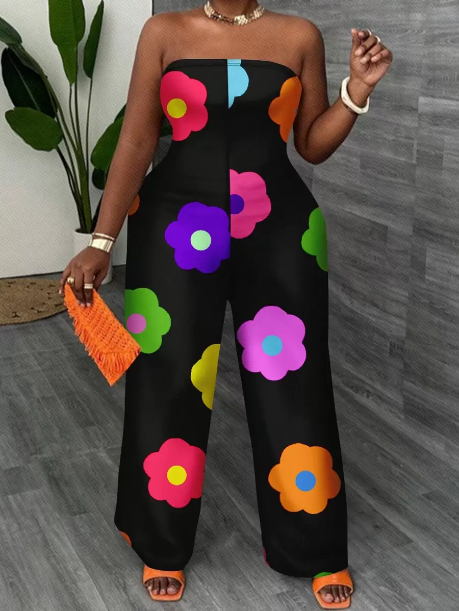 Slaydiva 休闲简约花卉印花露肩连体裤，一体式阔腿裤，加大码 - 彩色 - 查看 1