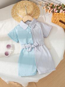 Mono de verano para niña con bloqueo de color, cuello de solapa, manga corta, rayas, minimalista, con cinturón, diseño de frente abierto, elegante y casual