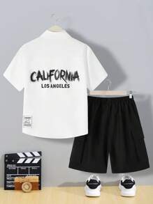 SHEIN Set de 2 bucăți Tween Boy, cămașă și pantaloni cargo, lejer - alb - Vizualizare 2