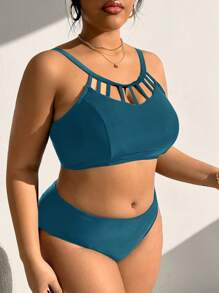 SHEIN Swim Curve Plus Size Solid Color Hollow-Out Swimwear Top - Teal Blue - View 4