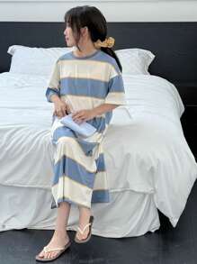 Dazy Kids 青少年女孩条纹短袖针织家居服套装，夏季 - 藍色 - 查看 4