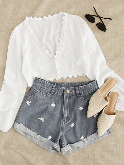 Breezaya 休闲水洗雏菊刺绣牛仔短裤