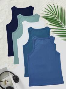 SHEIN 5 قطع / مجموعة ملابس داخلية صبي اللون الأحادي، قمصان أكمام الخصر مناسبة للصيف، بتصميم بسيط وأنيق