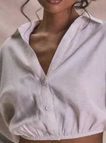 MUSERA Off-White Long Sleeve V Neck Button Up Oversized Cropped Shirt,Autumn Seksi Chic Vacation Elegant Soft Serve Beach Holiday Ibiza Back To School Fall - White - View 4