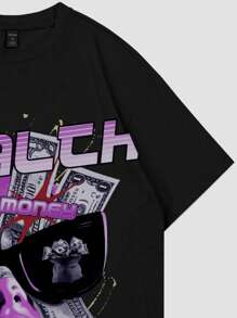 ROMWE MEN Street Life Camiseta de manga corta informal con estampado de figura para hombre, primavera/verano - Negro - Ver 5