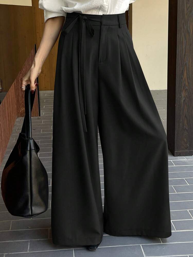 Women's Solid Color Casual Loose Drawstring Pleated Wide Leg Pants