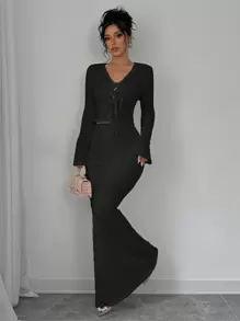 Elenzga 2pcs Set: Textured Lace-Up Long Sleeve Top And A-Line Skirt, Minimalist & Fashionable, Suitable For Summer Fall Cloth For Women - Black - View 4