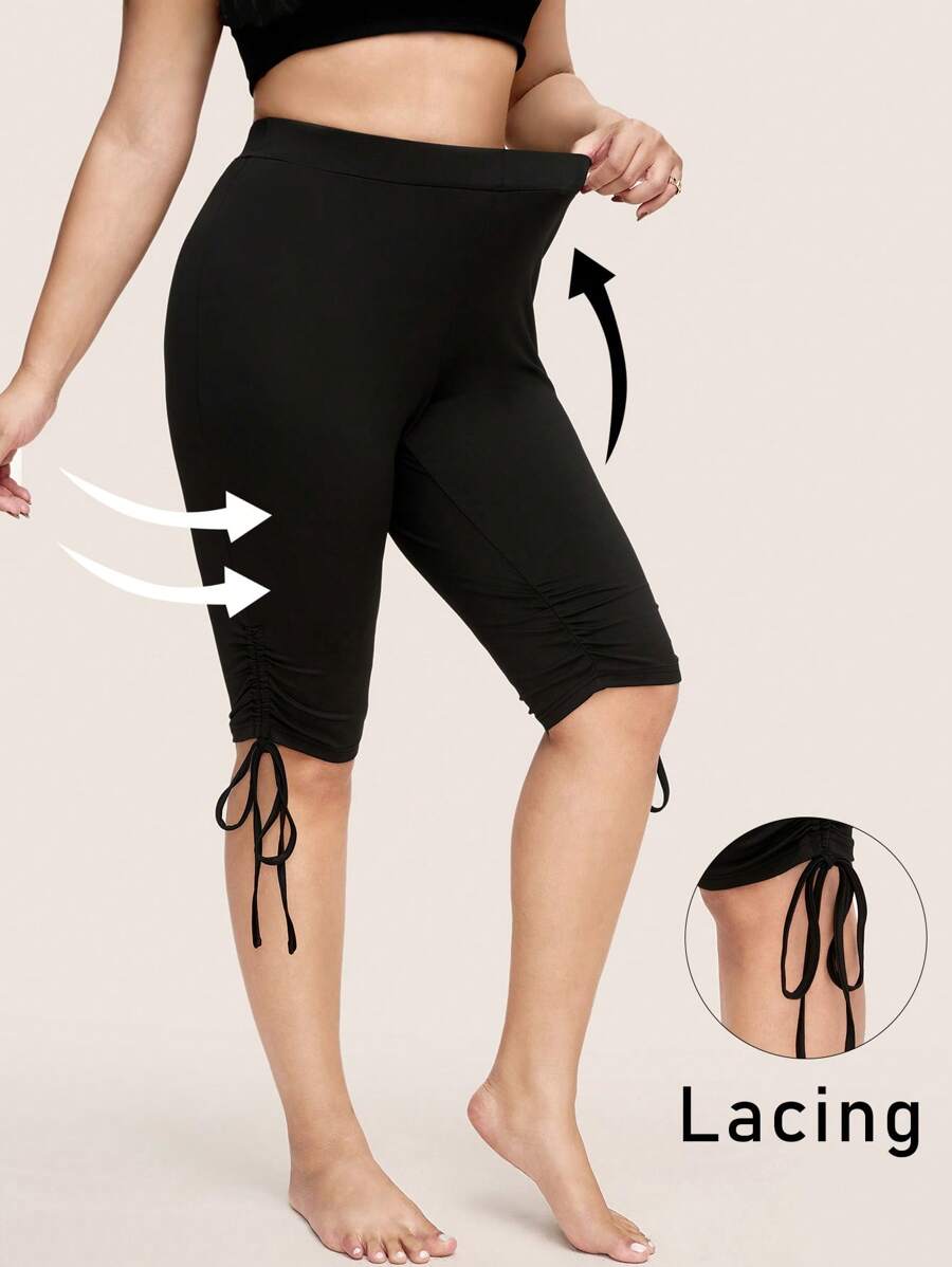 SHEIN LUNE 大码女式纯色高腰抽绳侧泳休闲女式夏季紧身裤