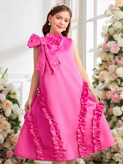 SHEIN Explorewe Vestido sin mangas con cuello de cuentas elegante, lazo asimétrico y dobladillo acampanado para niñas preadolescentes, adecuado para fiestas, bodas, vacaciones y eventos, primavera/verano