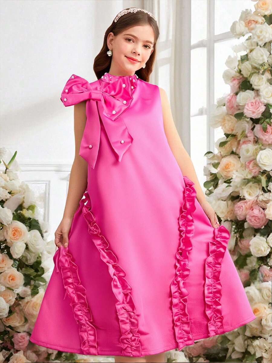 SHEIN Explorewe Tween Girls' Elegant Beaded Collar Asymmetric Bow Flare Hem Sleeveless Dress, Suitable For Parties, Weddings, Vacation And Events, Spring/Summer - Hot Pink - View 1