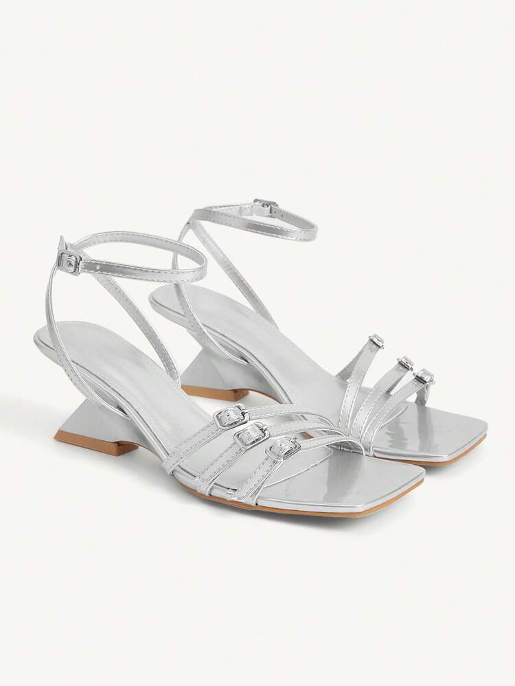 CUCCOO CHICEST Women's Silver Wedge Heel Square Toe Strap Buckle Comfort Casual Slide Sandals