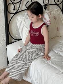 Dazy Kids 年轻女孩休闲针织印花吊带背心 + 条纹裤家居服，春夏 - 紅色 - 查看 5