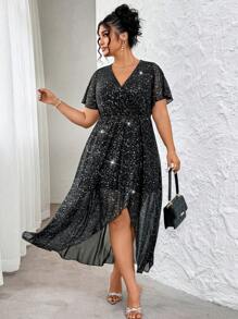 SHEIN Clasi Plus Size Gold Foil Net Ruffled Sleeve Dress, Elegant Party Wear, Spring/Summer - Black - View 1