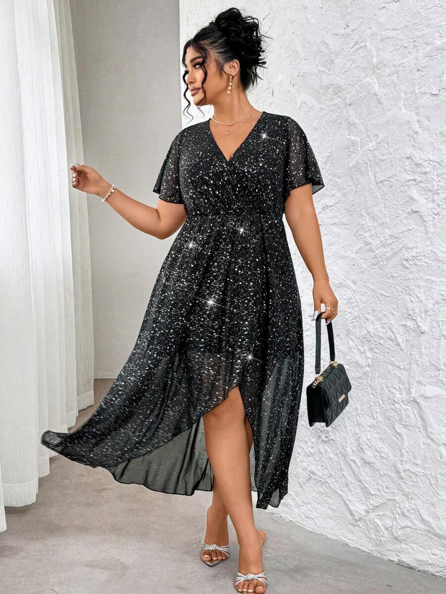 SHEIN Clasi Plus Size Gold Foil Net Ruffled Sleeve Dress, Elegant Party Wear, Spring/Summer - Black - View 1