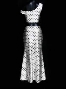 SHEIN ICON Satin Polka Dot Print One-Shoulder Top And Low Waist Skirt Set - Black and White - View 2