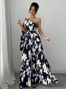 Elenzga Women's Casual Elegant Holiday Sleeveless Black & White Floral Print Ruched Long Jumpsuit Fall Cloth For Women - Navy Blue - View 6