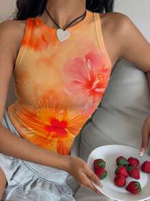 Aloruh Neue lässige Urlaubs-Rüschen-Orange-Batik-Blumen-Muster Damen Tank Top, geeignet für Sommer, Strandurlaub/Frühjahrsferien/Musikfestival