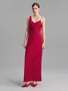 Ontre 2025 New Women Wedding Guest Dress, Asymmetric Neckline Single Slit Elegant Dress, Red Taffeta Fabric, Spring/Summer - Red - View 1