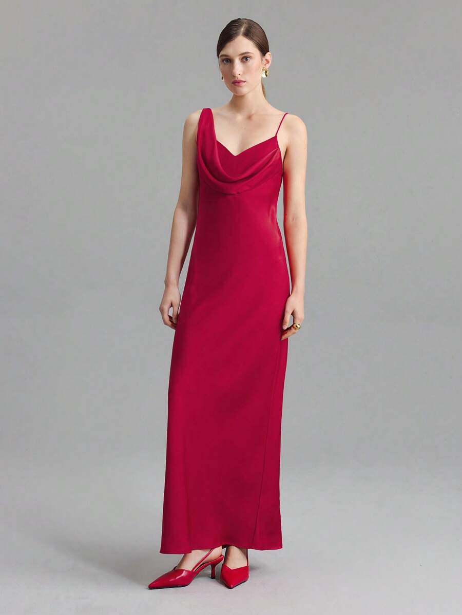 Ontre 2025 New Women Wedding Guest Dress, Asymmetric Neckline Single Slit Elegant Dress, Red Taffeta Fabric, Spring/Summer - Red - View 1