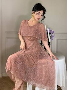 DAZY Đầm maxi nữ màu trơn cổ chữ V thanh lịch viền bèo nhún, dáng dài ngang gối, đầm dạ hội sang trọng, đầm đính sequin lấp lánh. - Rượu sâm banh - Xem 7